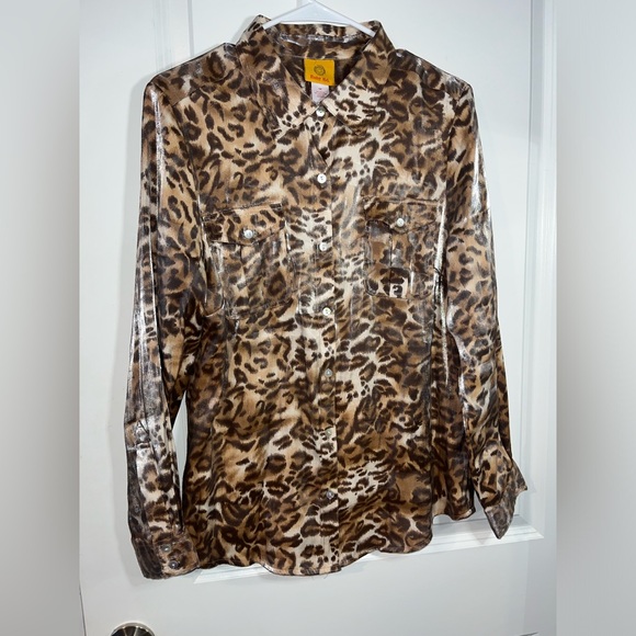 Ruby Rd. Womens Brown Leopard Print Roll Tab Sleeves Button Front Shirt Size 12 - Picture 6 of 10